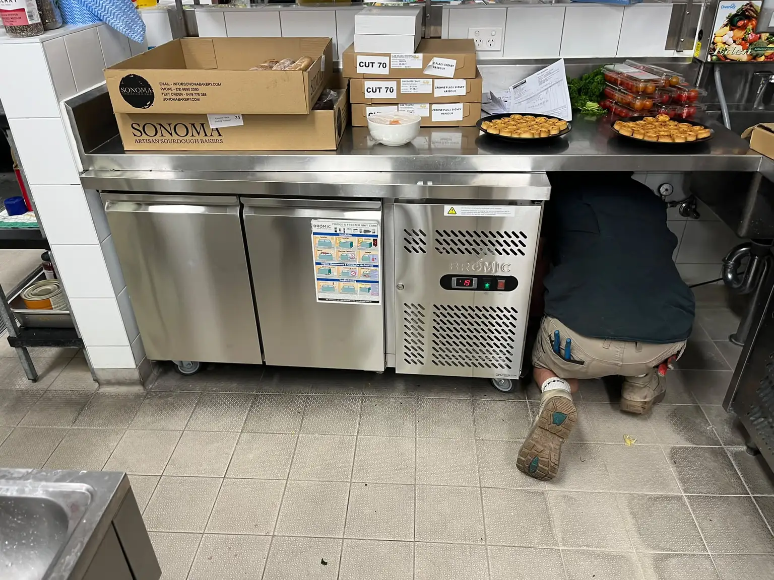 Two-door under-bench freezer being installed beneath a commercial kitchen bench